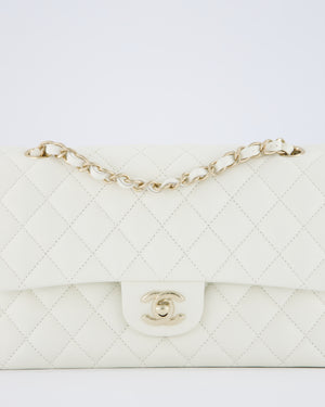 Chanel White Medium Classic Double Flap Bag in Caviar Leather with Champagne Gold Hardware