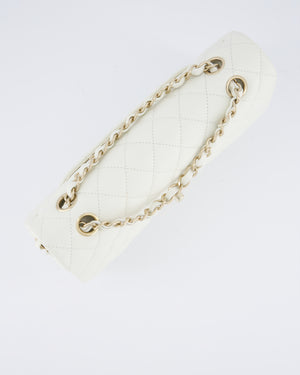 Chanel White Medium Classic Double Flap Bag in Caviar Leather with Champagne Gold Hardware