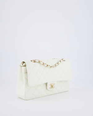 Chanel White Medium Classic Double Flap Bag in Caviar Leather with Champagne Gold Hardware