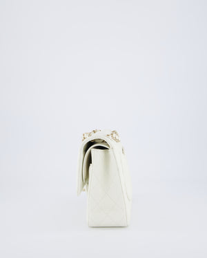 Chanel White Medium Classic Double Flap Bag in Caviar Leather with Champagne Gold Hardware