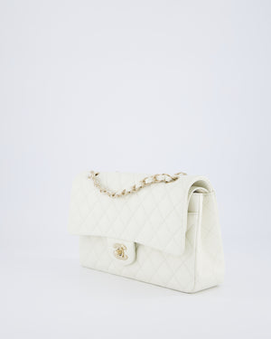 Chanel White Medium Classic Double Flap Bag in Caviar Leather with Champagne Gold Hardware