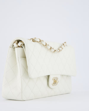 Chanel White Medium Classic Double Flap Bag in Caviar Leather with Champagne Gold Hardware