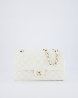 Chanel White Medium Classic Double Flap Bag in Caviar Leather with Champagne Gold Hardware