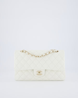 Chanel White Medium Classic Double Flap Bag in Caviar Leather with Champagne Gold Hardware