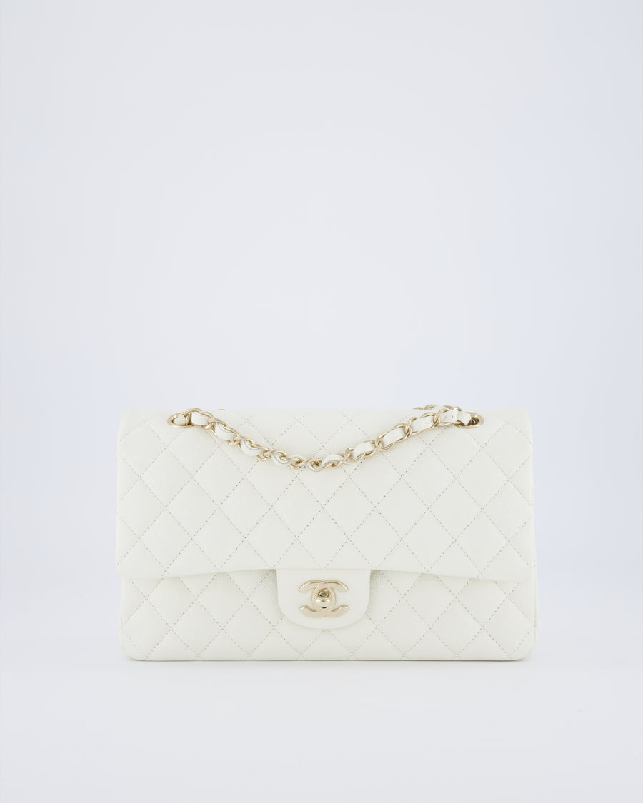 Chanel White Medium Classic Double Flap Bag in Caviar Leather with Champagne Gold Hardware