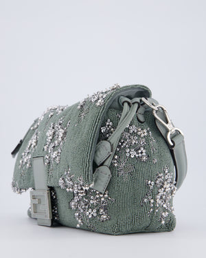 Fendi Grey Mama Beaded Baguette Floral Embellished Shoulder Bag with Silver Hardware