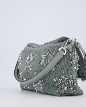 Fendi Grey Mama Beaded Baguette Floral Embellished Shoulder Bag with Silver Hardware