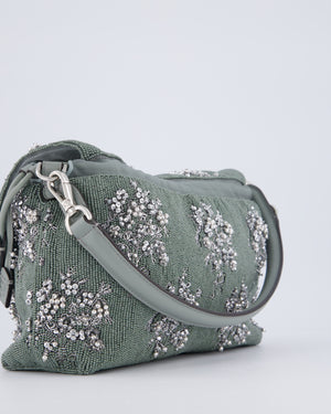 Fendi Grey Mama Beaded Baguette Floral Embellished Shoulder Bag with Silver Hardware