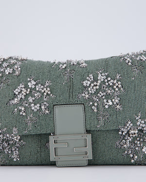 Fendi Grey Mama Beaded Baguette Floral Embellished Shoulder Bag with Silver Hardware