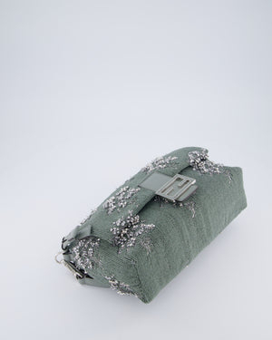 Fendi Grey Mama Beaded Baguette Floral Embellished Shoulder Bag with Silver Hardware