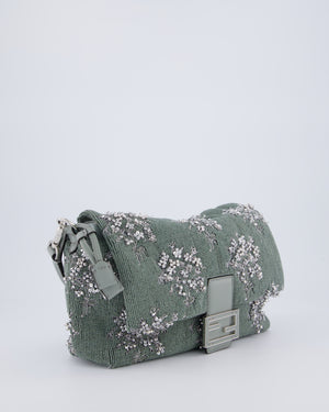Fendi Grey Mama Beaded Baguette Floral Embellished Shoulder Bag with Silver Hardware