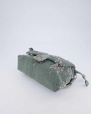 Fendi Grey Mama Beaded Baguette Floral Embellished Shoulder Bag with Silver Hardware