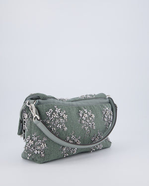 Fendi Grey Mama Beaded Baguette Floral Embellished Shoulder Bag with Silver Hardware