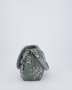 Fendi Grey Mama Beaded Baguette Floral Embellished Shoulder Bag with Silver Hardware