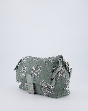 Fendi Grey Mama Beaded Baguette Floral Embellished Shoulder Bag with Silver Hardware