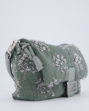 Fendi Grey Mama Beaded Baguette Floral Embellished Shoulder Bag with Silver Hardware