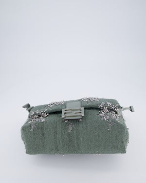 Fendi Grey Mama Beaded Baguette Floral Embellished Shoulder Bag with Silver Hardware
