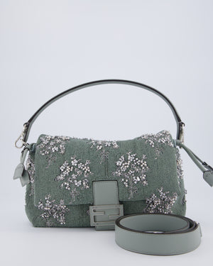 Fendi Grey Mama Beaded Baguette Floral Embellished Shoulder Bag with Silver Hardware