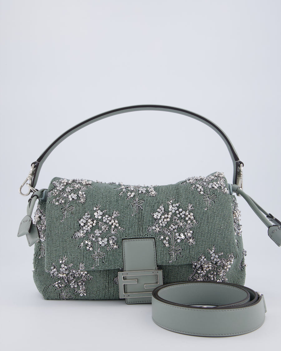 Fendi Grey Mama Beaded Baguette Floral Embellished Shoulder Bag with Silver Hardware