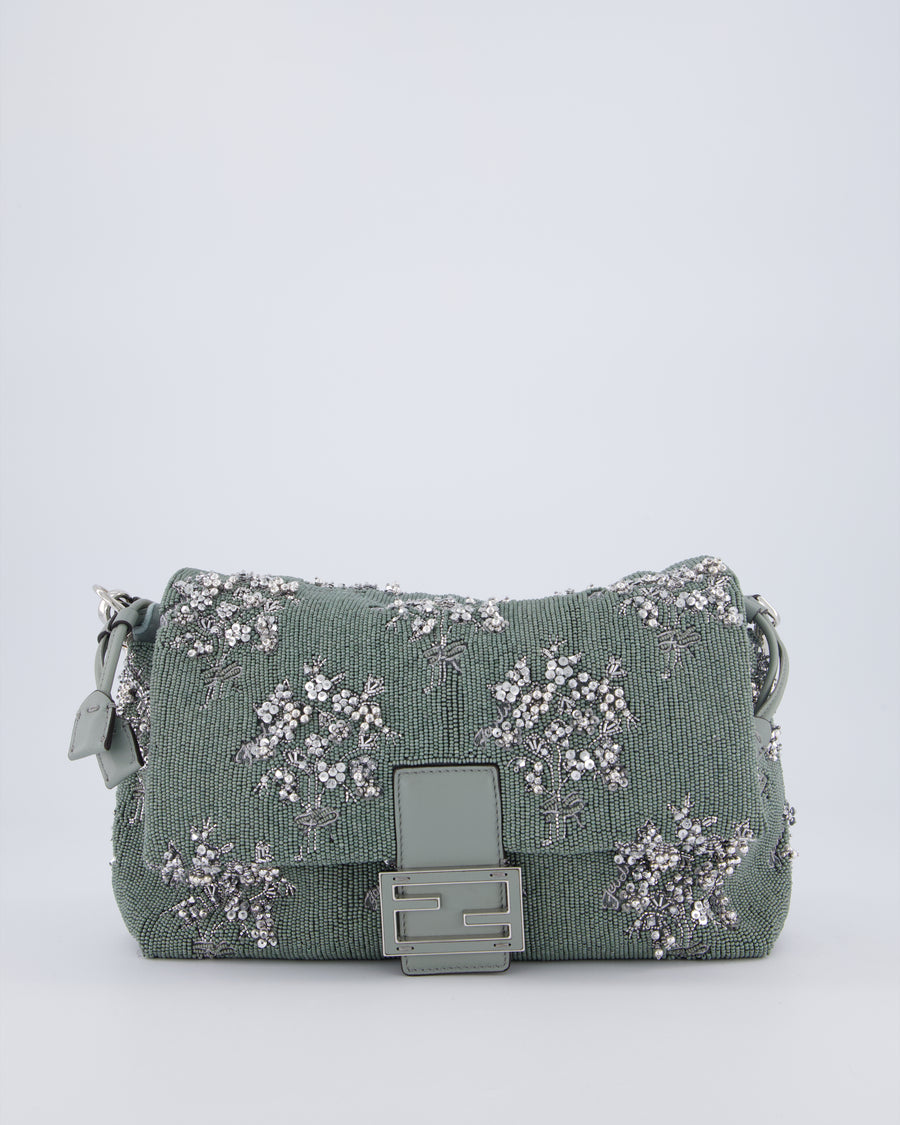Fendi Grey Mama Beaded Baguette Floral Embellished Shoulder Bag with Silver Hardware