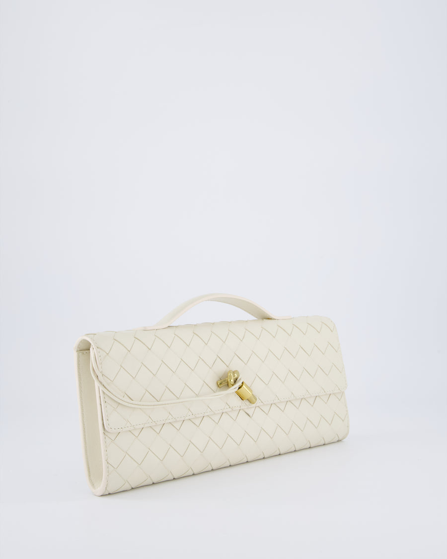 Bottega Veneta Sea Salt Andiamo Intrecciato Leather Clutch Bag with Gold Hardware RRP £2,850