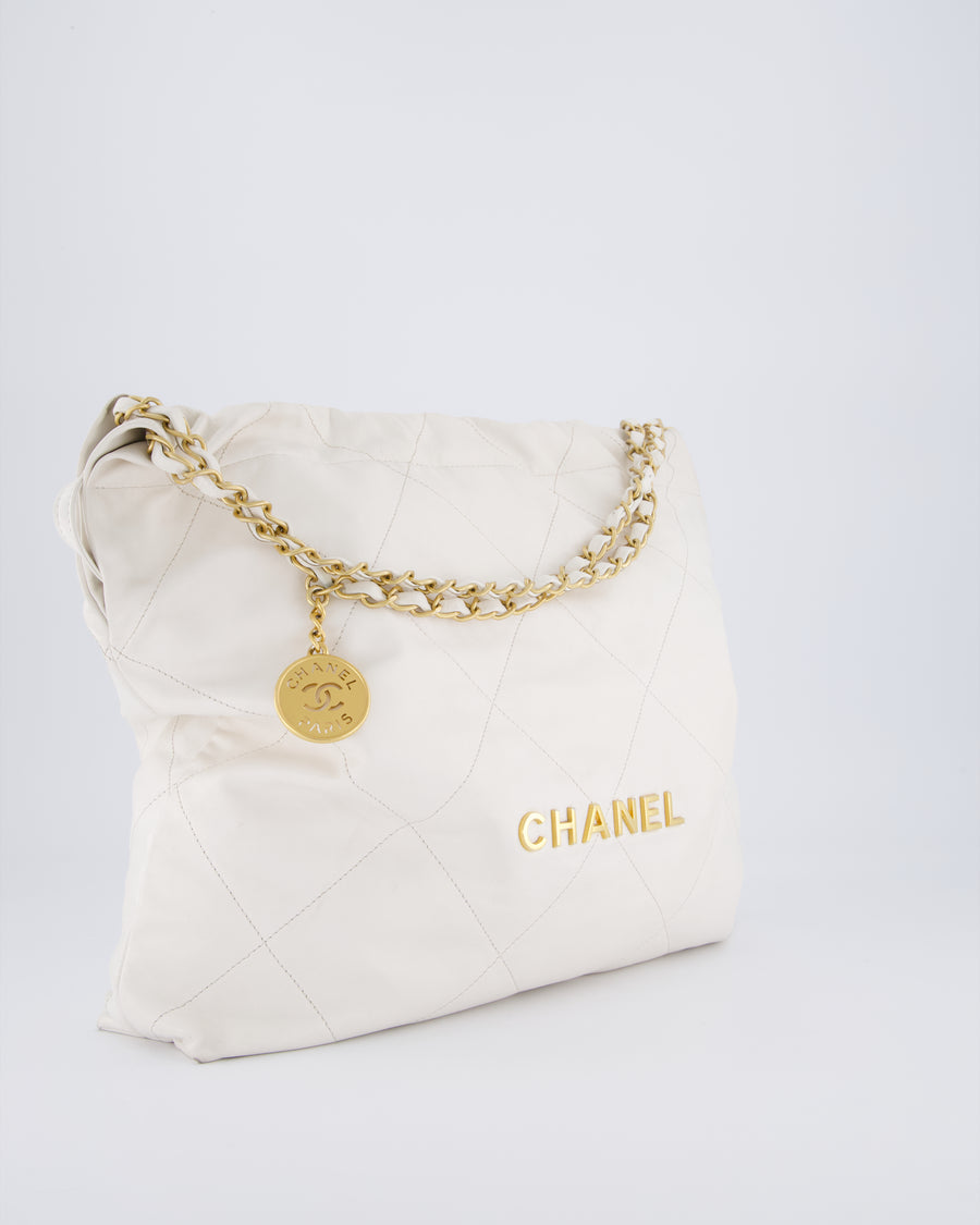 Chanel 22 Medium Hobo Bag in White Lambskin Leather with Brushed Gold Hardware