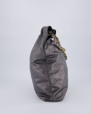 Chanel 22 Medium Hobo Bag in Grey Metallic Lambskin Leather with Brushed Gold Hardware
