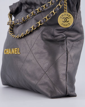 Chanel 22 Medium Hobo Bag in Grey Metallic Lambskin Leather with Brushed Gold Hardware
