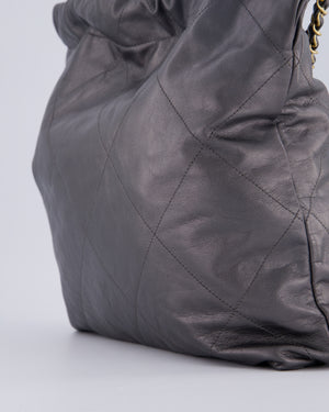 Chanel 22 Medium Hobo Bag in Grey Metallic Lambskin Leather with Brushed Gold Hardware