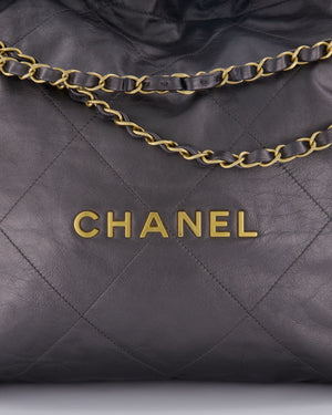 Chanel 22 Medium Hobo Bag in Grey Metallic Lambskin Leather with Brushed Gold Hardware