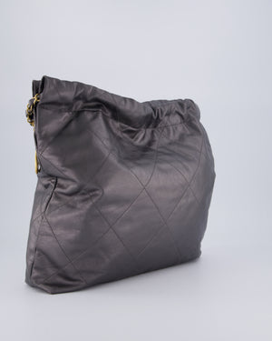 Chanel 22 Medium Hobo Bag in Grey Metallic Lambskin Leather with Brushed Gold Hardware