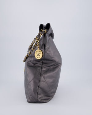 Chanel 22 Medium Hobo Bag in Grey Metallic Lambskin Leather with Brushed Gold Hardware