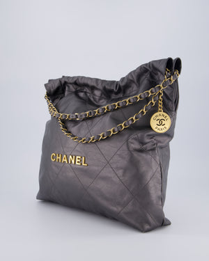 Chanel 22 Medium Hobo Bag in Grey Metallic Lambskin Leather with Brushed Gold Hardware