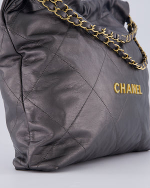 Chanel 22 Medium Hobo Bag in Grey Metallic Lambskin Leather with Brushed Gold Hardware