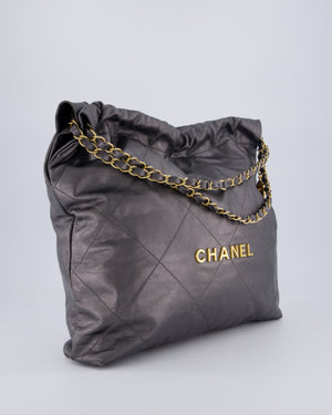Chanel 22 Medium Hobo Bag in Grey Metallic Lambskin Leather with Brushed Gold Hardware