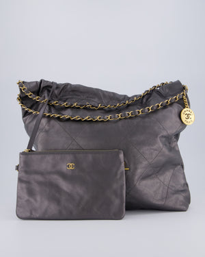 Chanel 22 Medium Hobo Bag in Grey Metallic Lambskin Leather with Brushed Gold Hardware