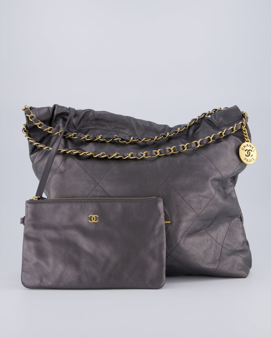 Chanel 22 Medium Hobo Bag in Grey Metallic Lambskin Leather with Brushed Gold Hardware