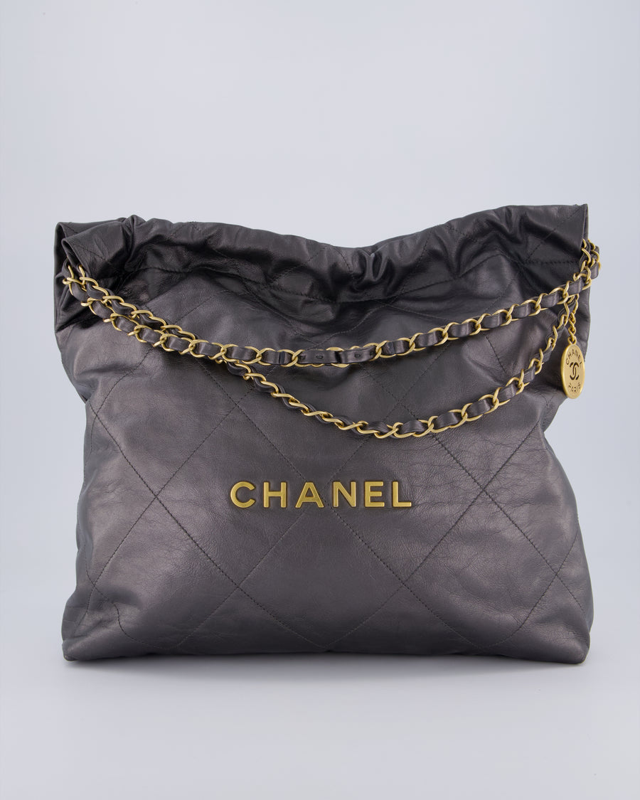 Chanel 22 Medium Hobo Bag in Grey Metallic Lambskin Leather with Brushed Gold Hardware