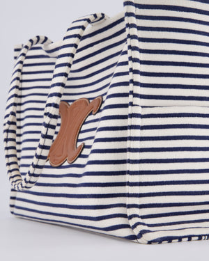 Celine Navy and Cream Striped Tote Bag with Logo Plaque Detail