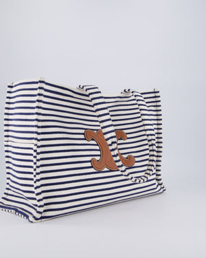 Celine Navy and Cream Striped Tote Bag with Logo Plaque Detail