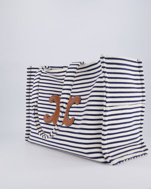 Celine Navy and Cream Striped Tote Bag with Logo Plaque Detail