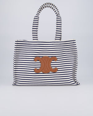 Celine Navy and Cream Striped Tote Bag with Logo Plaque Detail