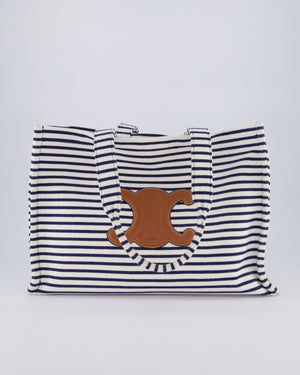 Celine Navy and Cream Striped Tote Bag with Logo Plaque Detail