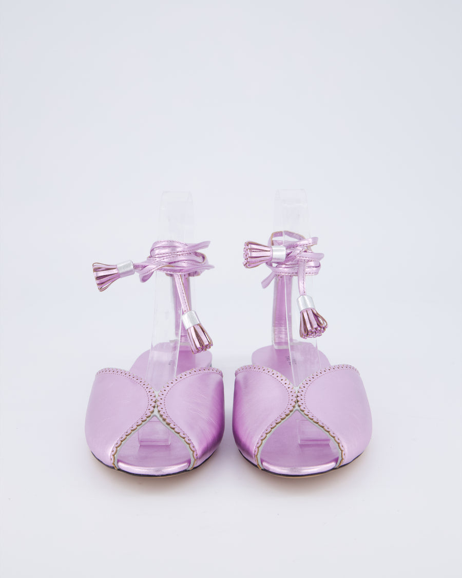 The Row Metallic Lilac Charlotte Leather Tassel Tie Flat Sandals Size EU 37