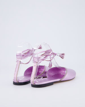 The Row Metallic Lilac Charlotte Leather Tassel Tie Flat Sandals Size EU 37