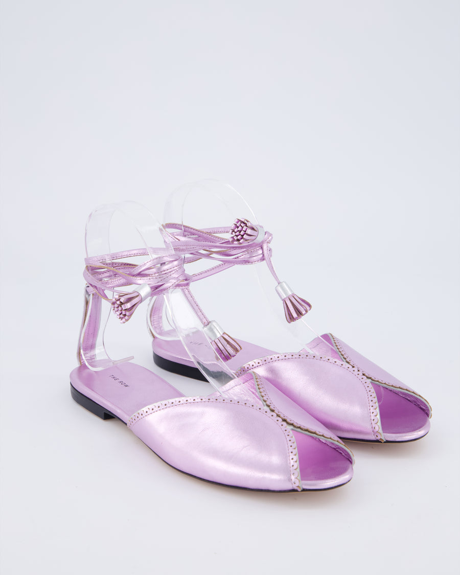 The Row Metallic Lilac Charlotte Leather Tassel Tie Flat Sandals Size EU 37