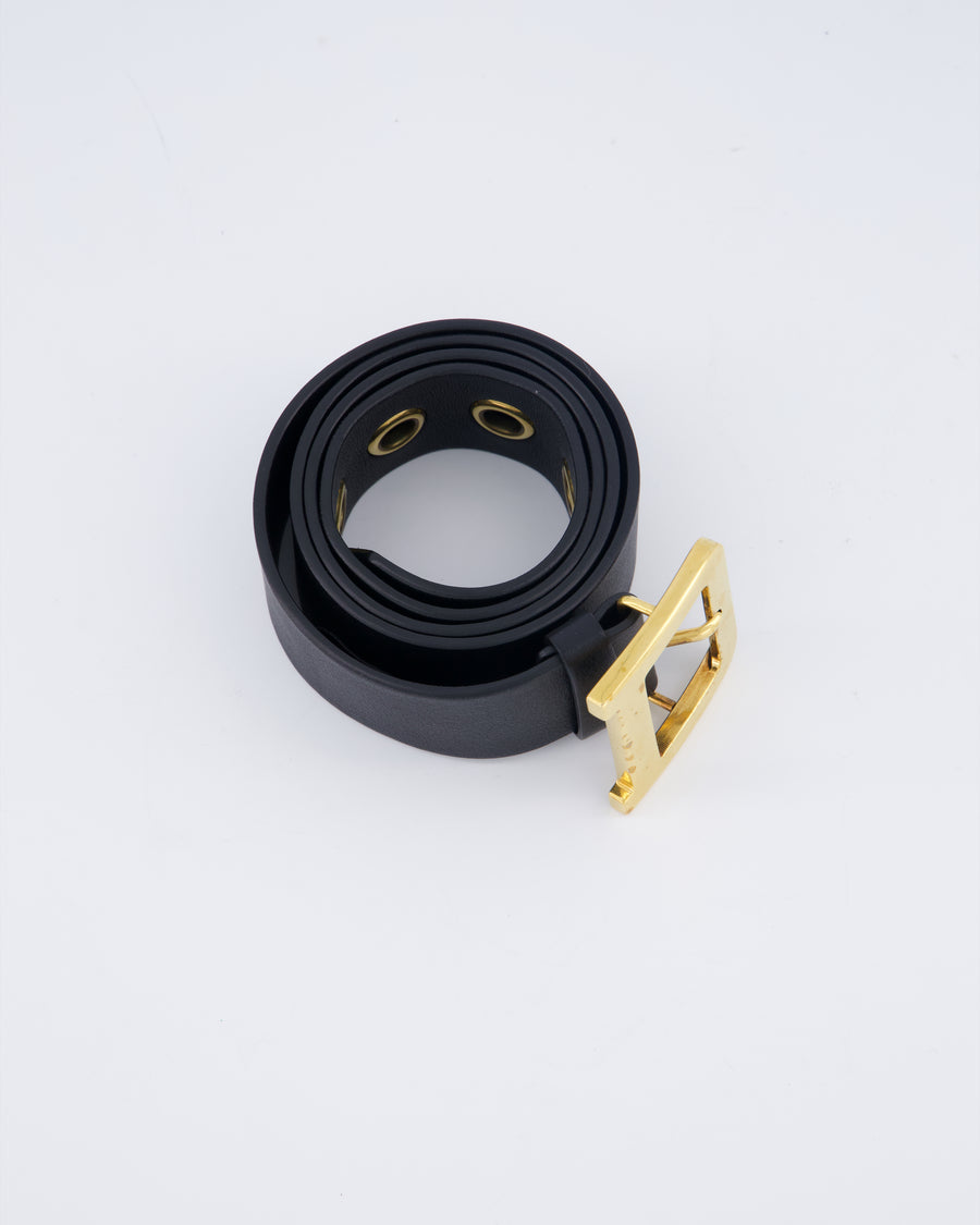 Christian Dior Black Diorquake Leather Belt with Antique Gold Detail Size 75cm