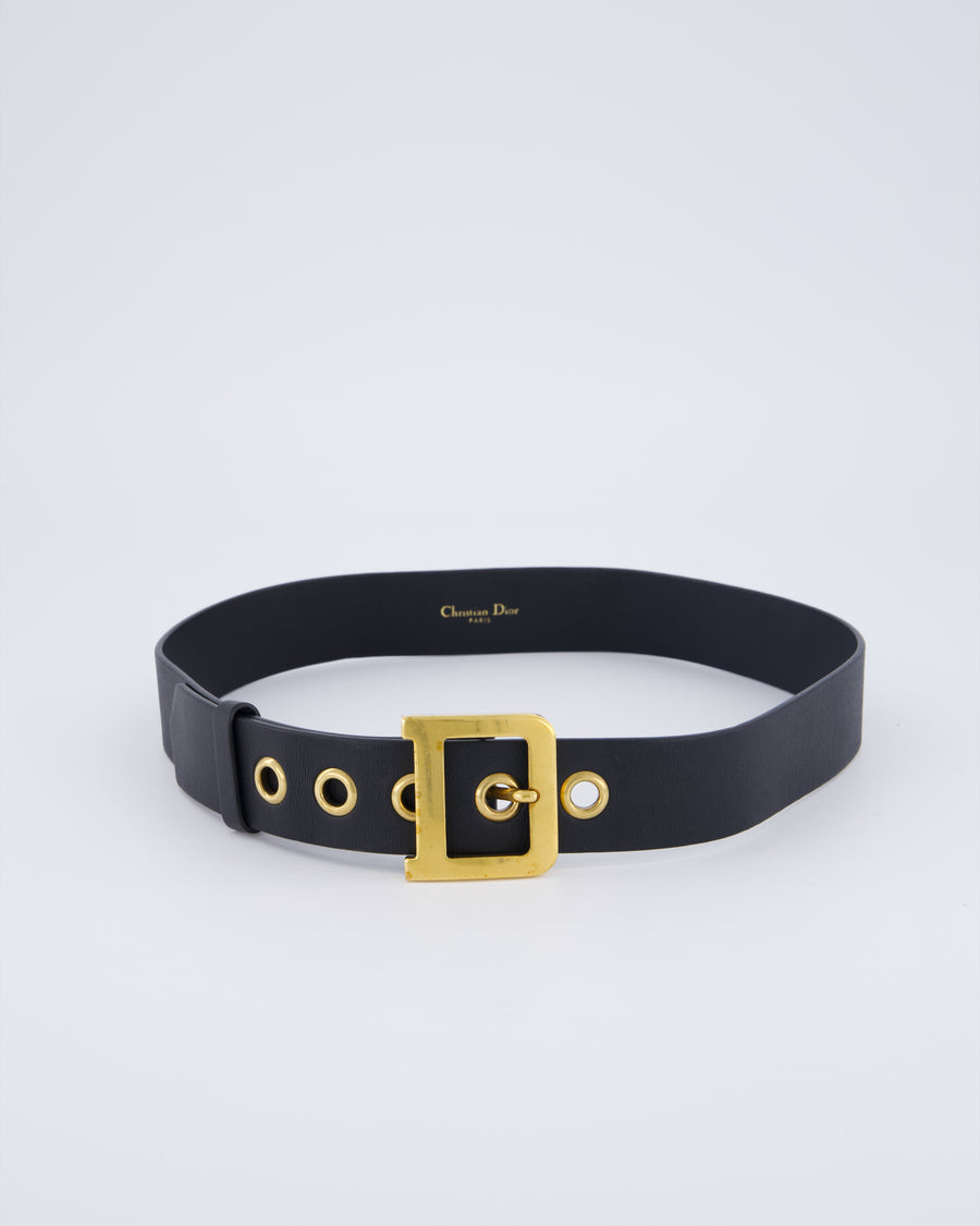 Christian Dior Black Diorquake Leather Belt with Antique Gold Detail Size 75cm