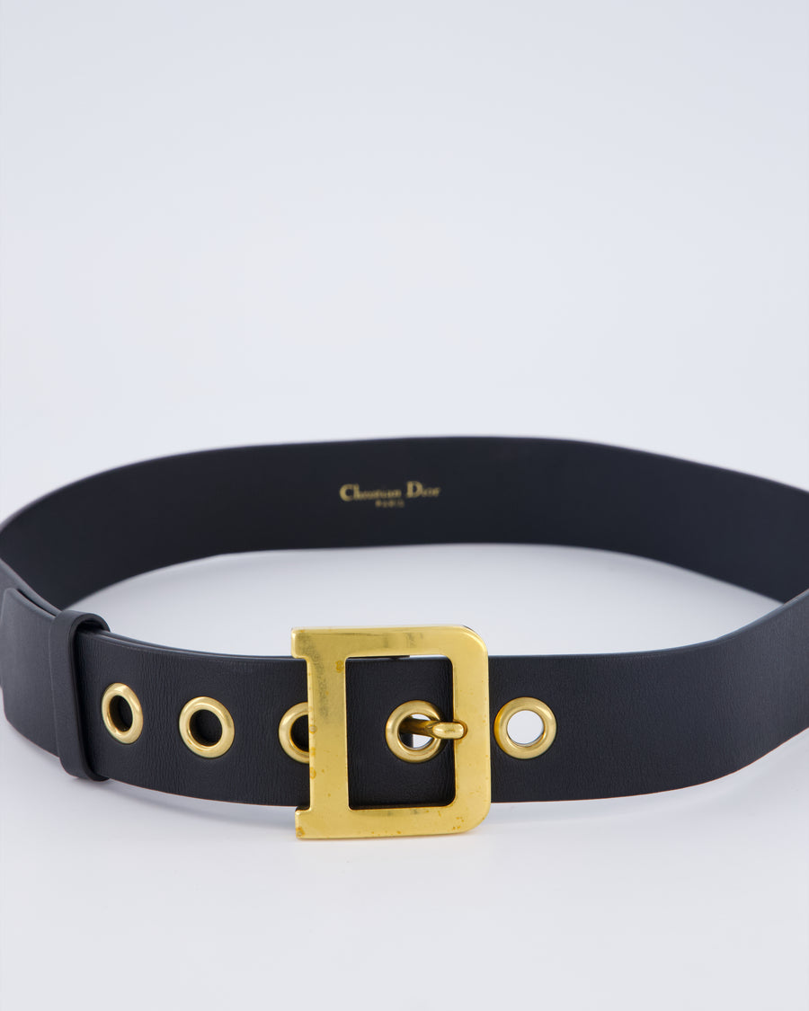 Christian Dior Black Diorquake Leather Belt with Antique Gold Detail Size 75cm