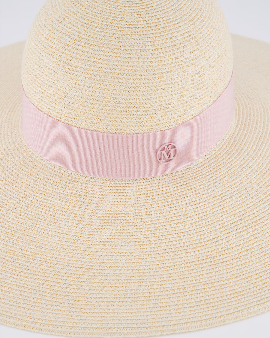 Maison Michel Beige Raffia Hat with Silk Logo Detail and Detachable Pearl String Size M